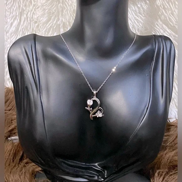 925 Sterling Silver Heart Rose Butterfly Pendant Necklace with Crystal Accents - Picture 8 of 15
